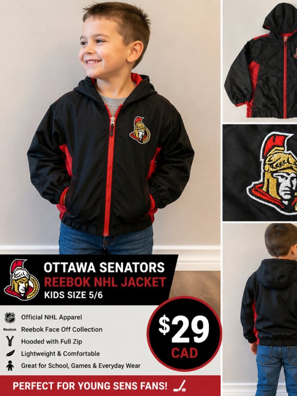 Reebok Ottawa Senators NHL Kids Hooded Jacket Size 5/6